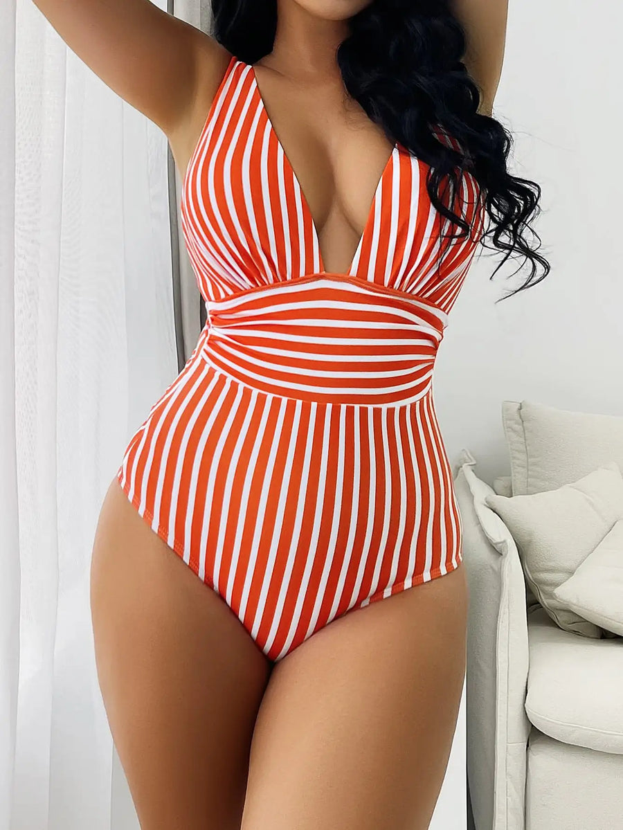 Costume intero a righe | Costume da bagno donna con scollo a V
