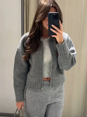 Moda | Grau O-neck Knit Frauen Pullover Jacke Mode