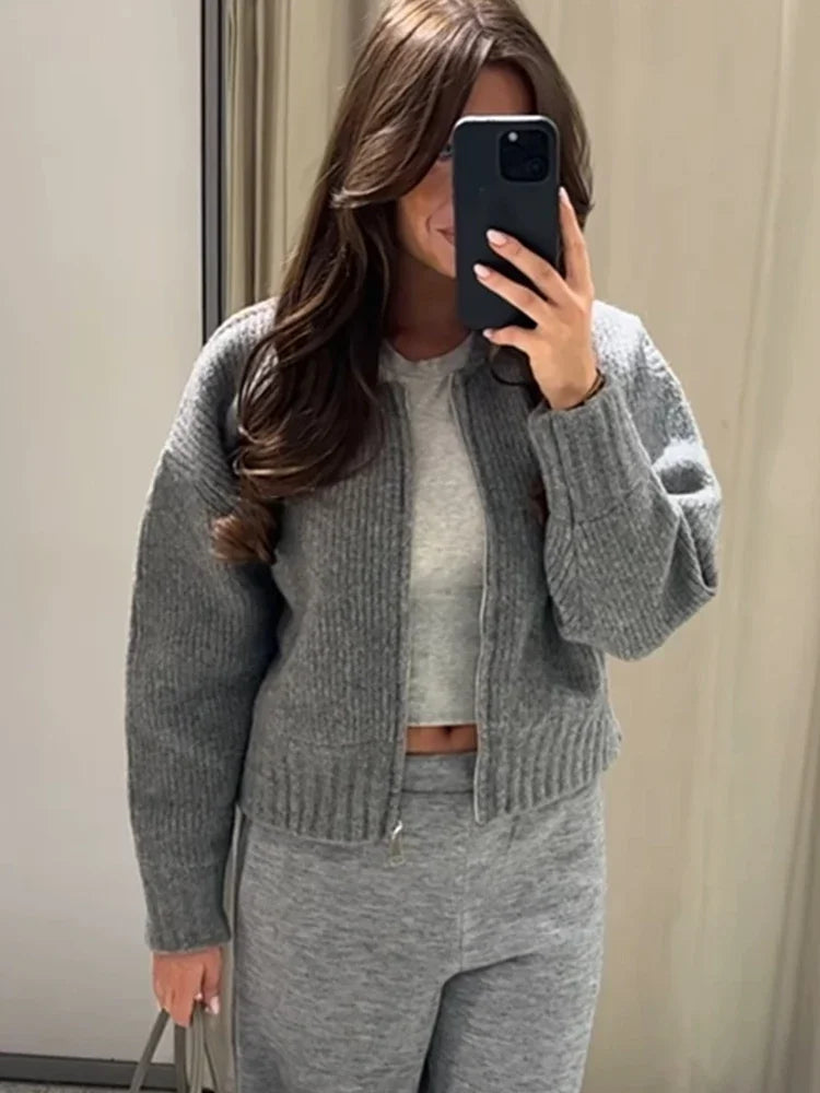Moda | Grau O-neck Knit Frauen Pullover Jacke Mode