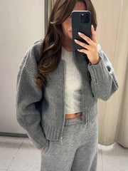Moda | Grau O-neck Knit Frauen Pullover Jacke Mode