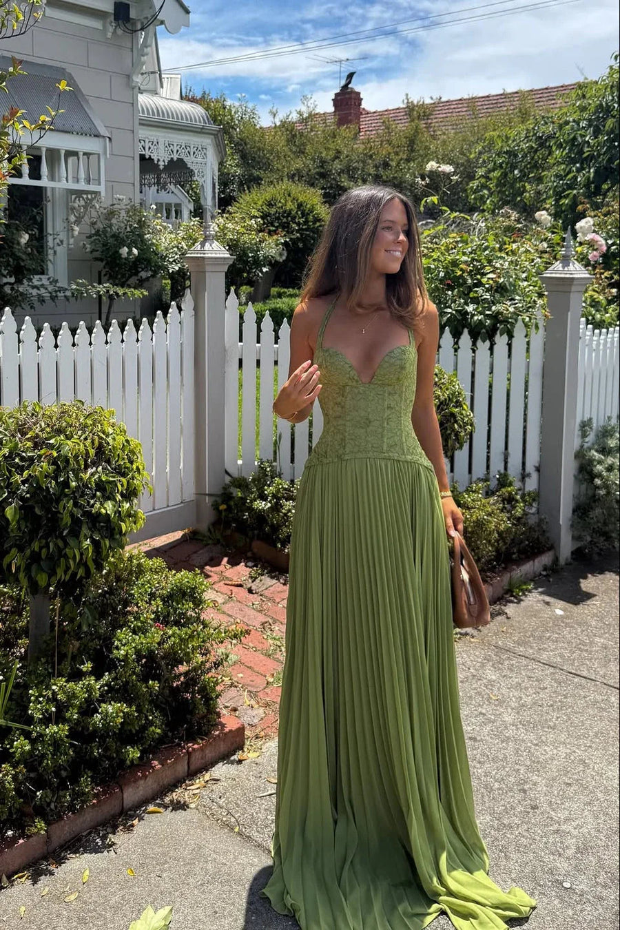 Grünes Faltenkorsettkleid Damen | Langes Abendkleid
