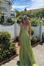 Grünes Faltenkorsettkleid Damen | Langes Abendkleid