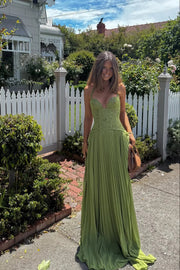 Grünes Faltenkorsettkleid Damen | Langes Abendkleid