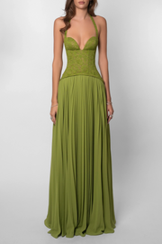 Grünes Faltenkorsettkleid Damen | Langes Abendkleid