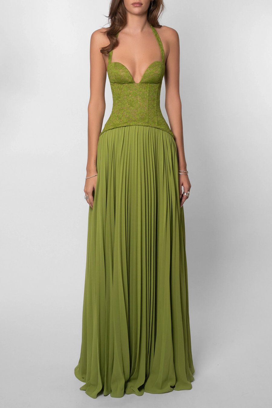 Grünes Faltenkorsettkleid Damen | Langes Abendkleid