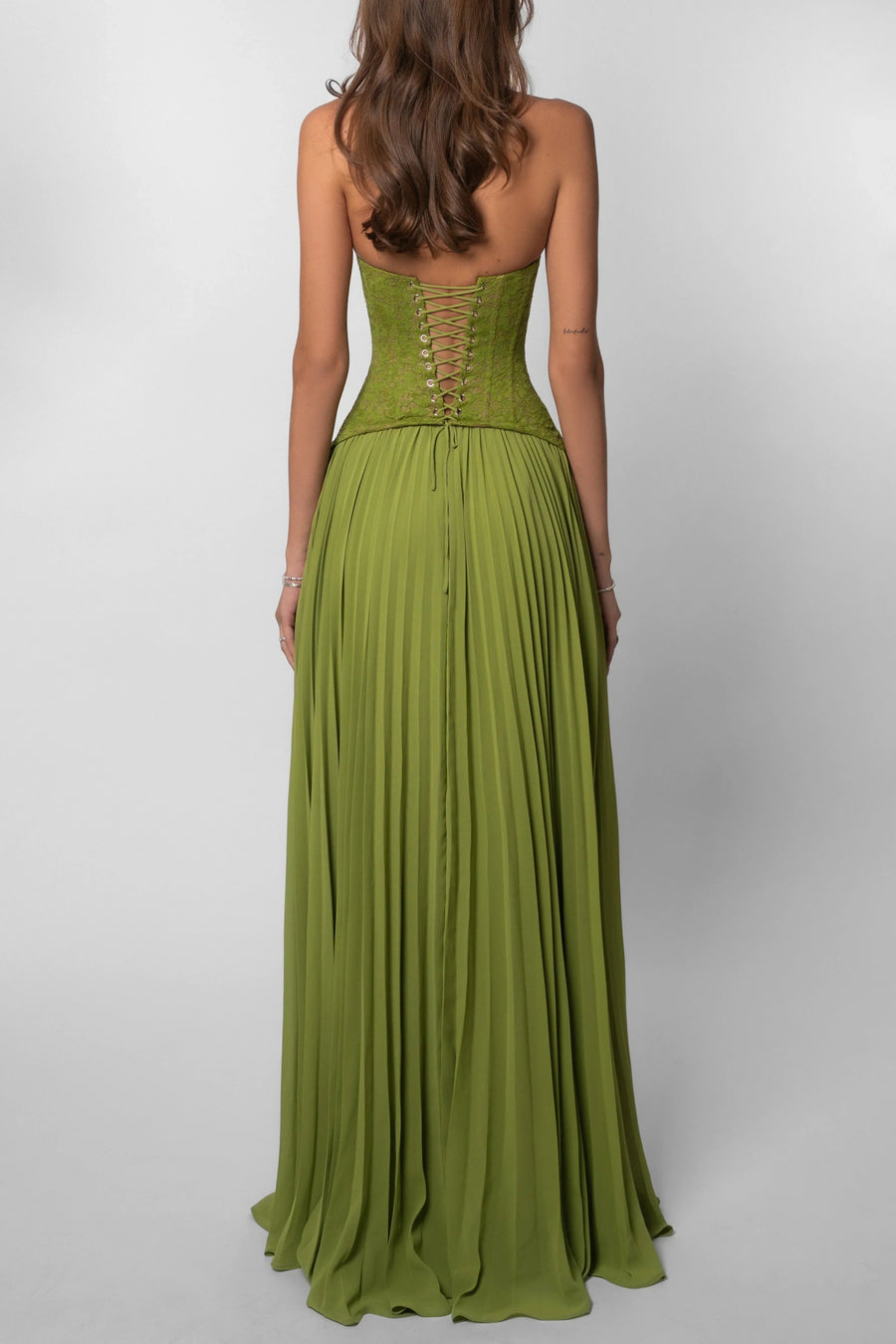 Grünes Faltenkorsettkleid Damen | Langes Abendkleid