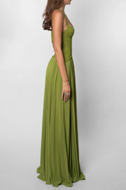 Grünes Faltenkorsettkleid Damen | Langes Abendkleid