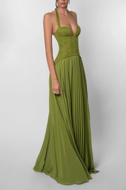 Grünes Faltenkorsettkleid Damen | Langes Abendkleid