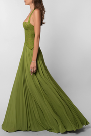 Grünes Faltenkorsettkleid Damen | Langes Abendkleid