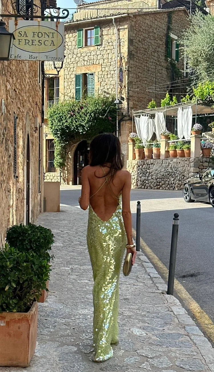Grünes Pailletten Abendkleid | Langes Abendkleid Damen