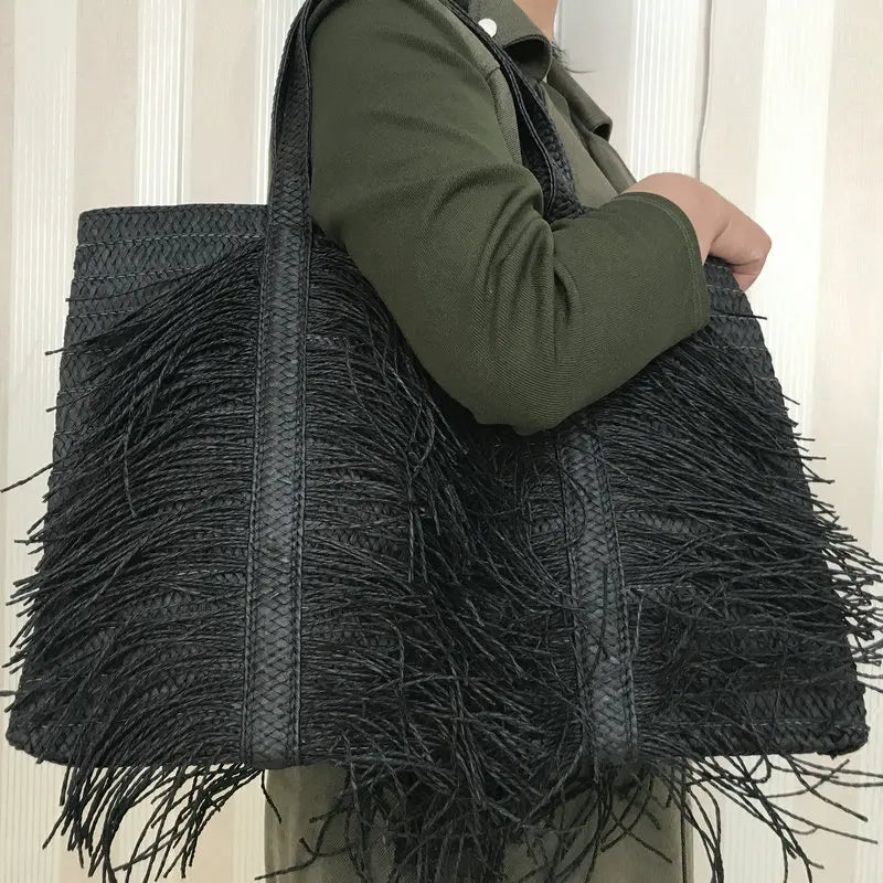 Strohtasche Damen – Handgefertigte Strandtasche mit Quasten & Reißverschluss