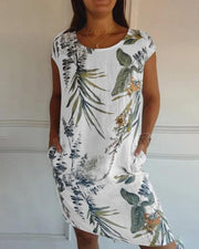 Damen Sommer Blumen Minikleid mit Kurzen Ärmeln und Taschen