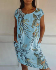 Damen Sommer Blumen Minikleid mit Kurzen Ärmeln und Taschen