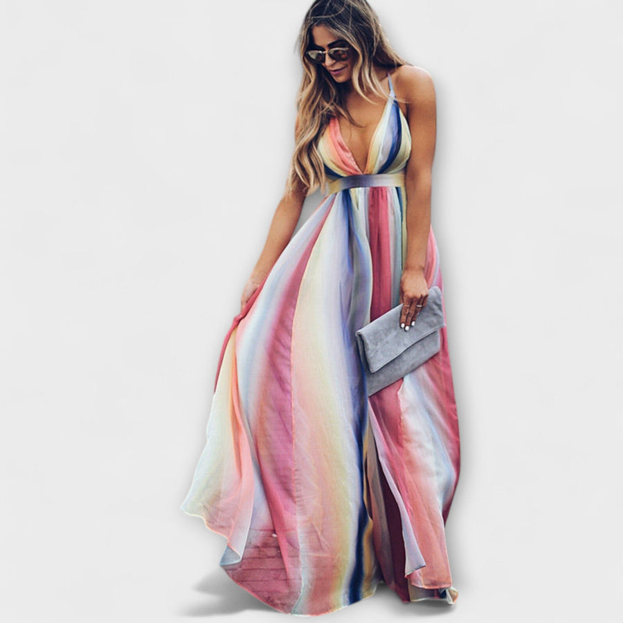 V-Neck Multicolored Striped Dress for Women