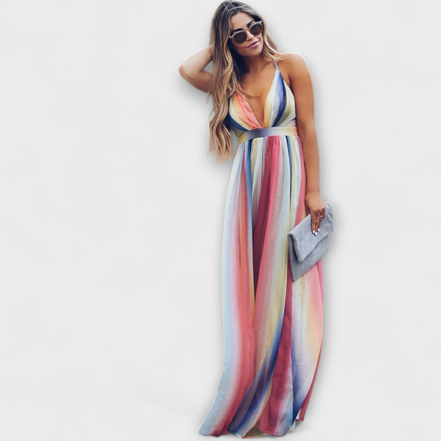 V-Neck Multicolored Striped Dress for Women