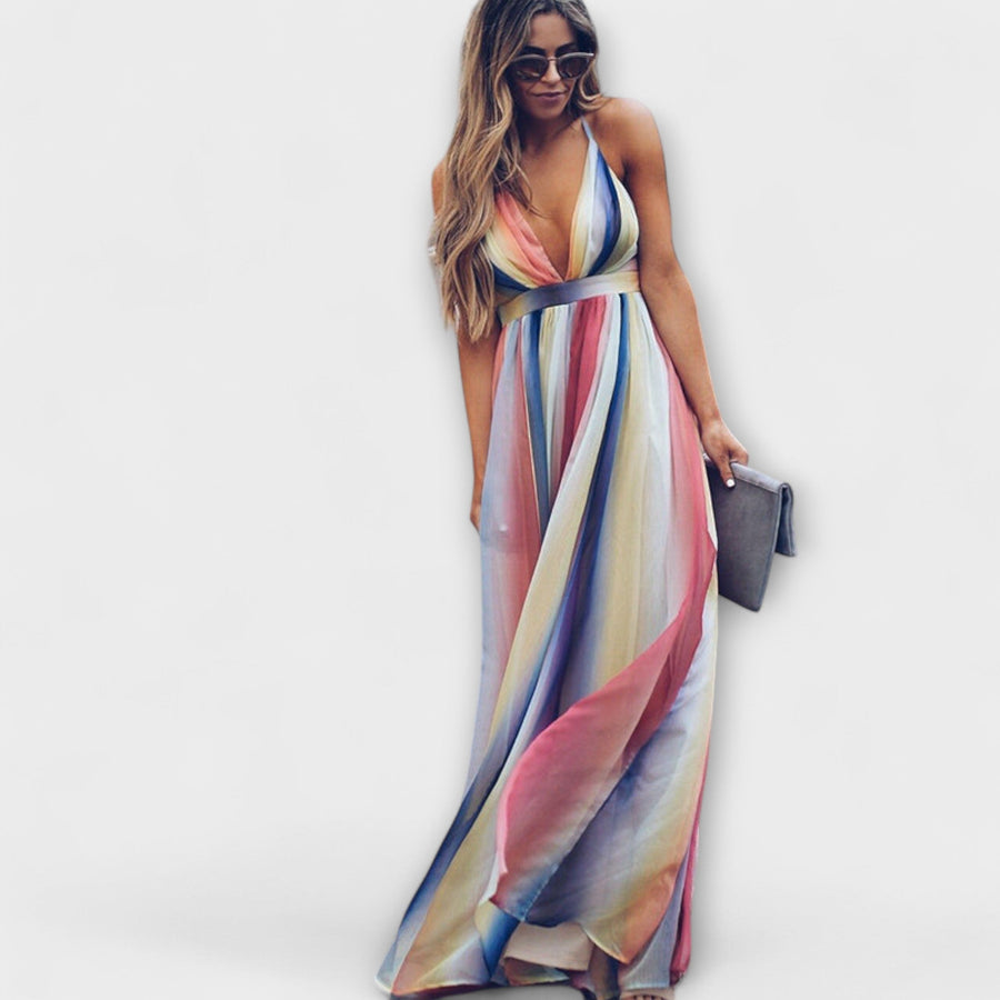 V-Neck Multicolored Striped Dress for Women