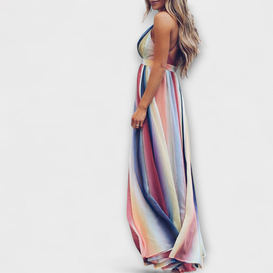 V-Neck Multicolored Striped Dress for Women
