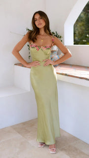 Hellgrünes Maxikleid mit Blumenträgern | Sommerkleider Lang