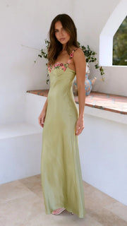 Hellgrünes Maxikleid mit Blumenträgern | Sommerkleider Lang