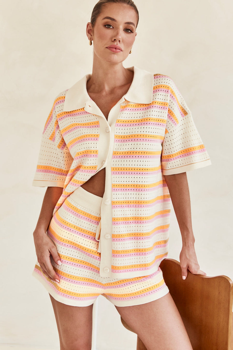 Pauline | Zweiteiliges Strick-Set mit Hemd & Shorts