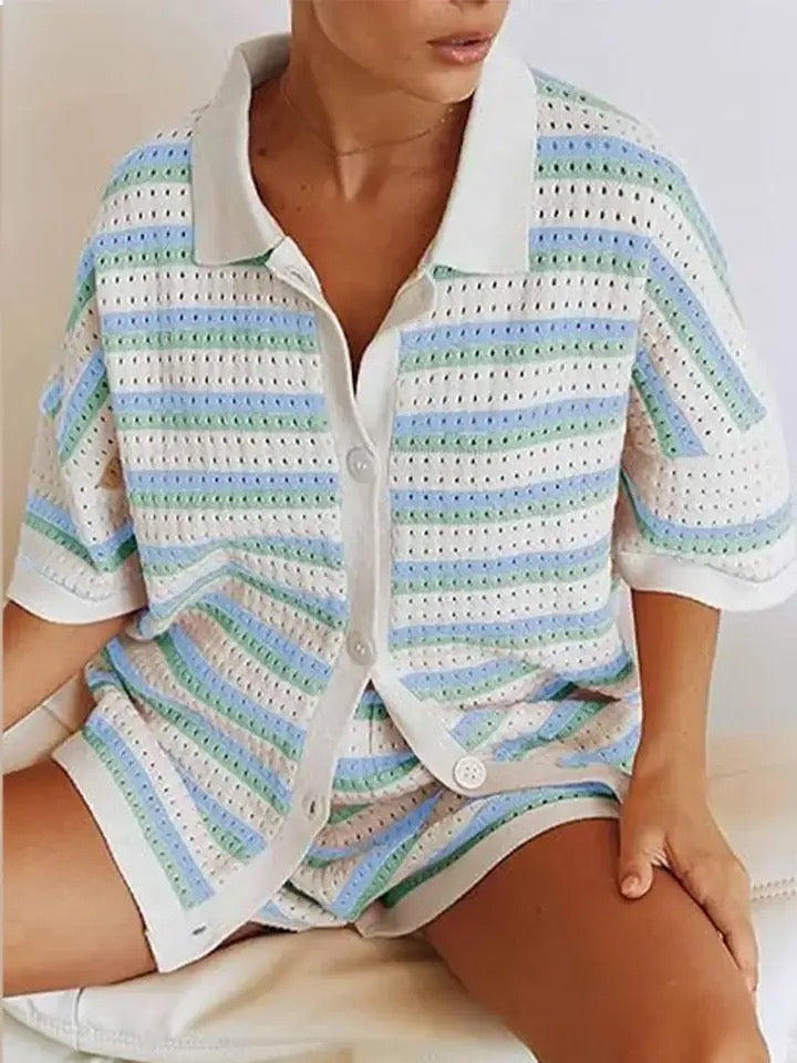 Pauline | Zweiteiliges Strick-Set mit Hemd & Shorts