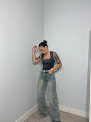Gerade Damenjeans mit hoher Taille aus Baumwolle im Vintage-Look