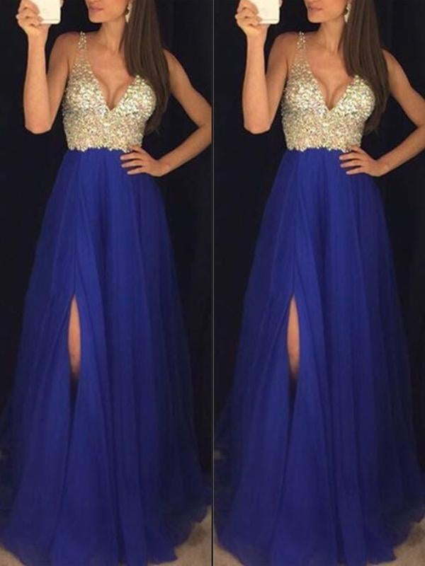 Elegantes langes Kleid mit funkelndem Paillettenschlitz und fließendem V-Ausschnitt