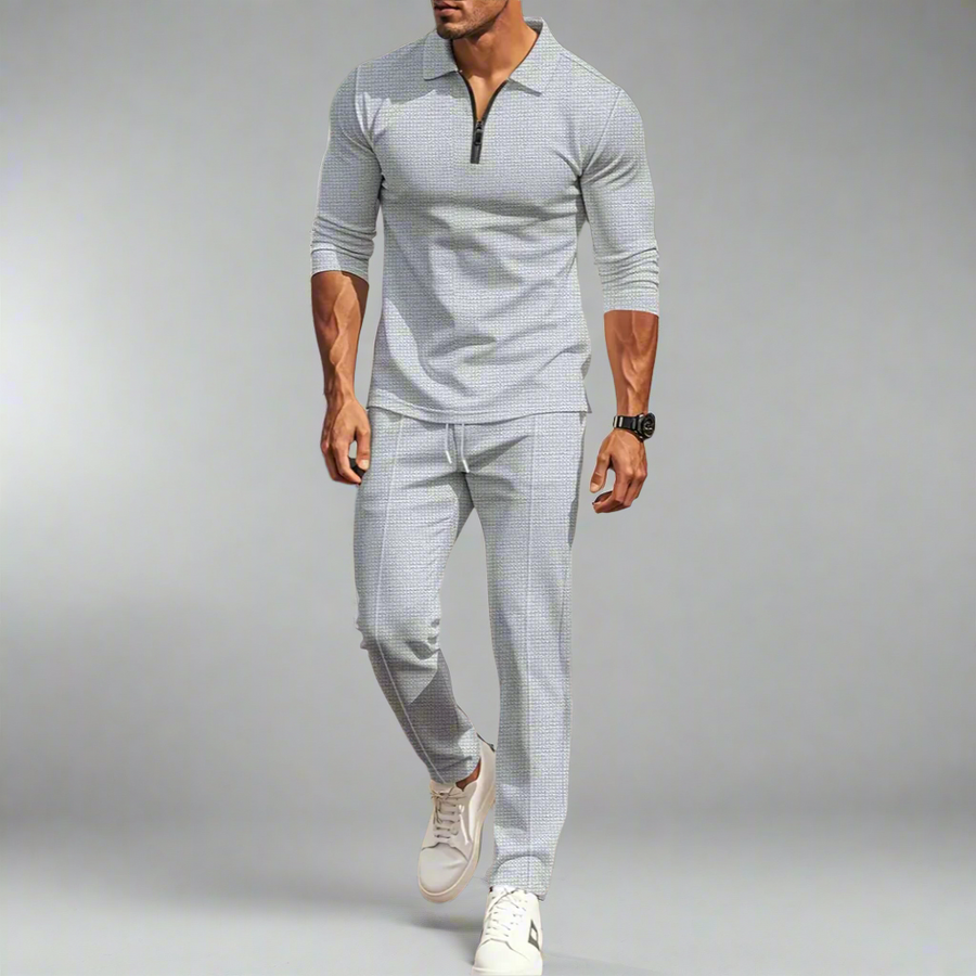 Lässiges Streetwear-Set für Herren – einfarbiges Langarm-Oberteil mit halbem Reißverschluss und passende Hose, leicht und atmungsaktiv