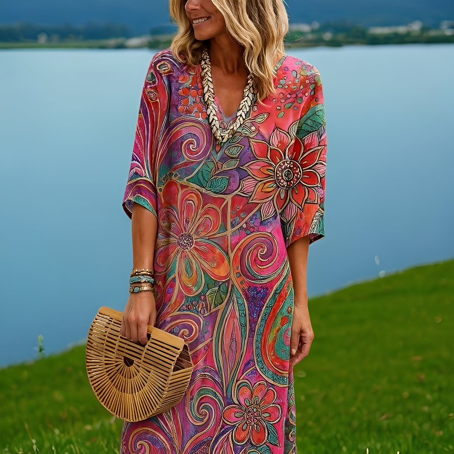 Amara - Intensivfarbenes Kleid mit Blumenmotiv