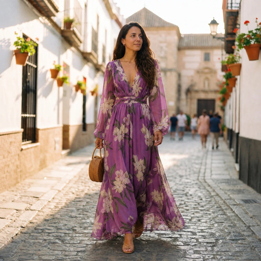 Leanne - Florales Fließendes Maxikleid