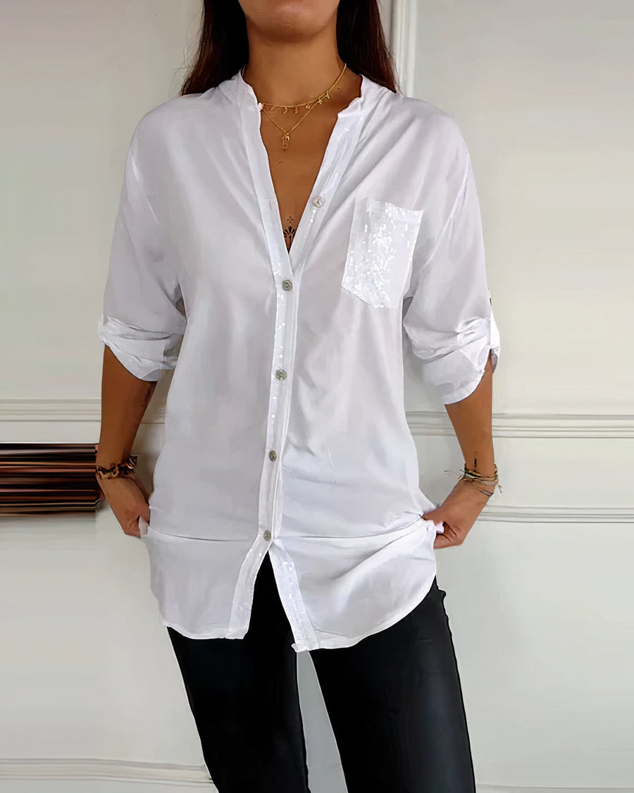Damen Sommer Halblangen Ärmeln Bluse mit Pailletten und Knöpfen