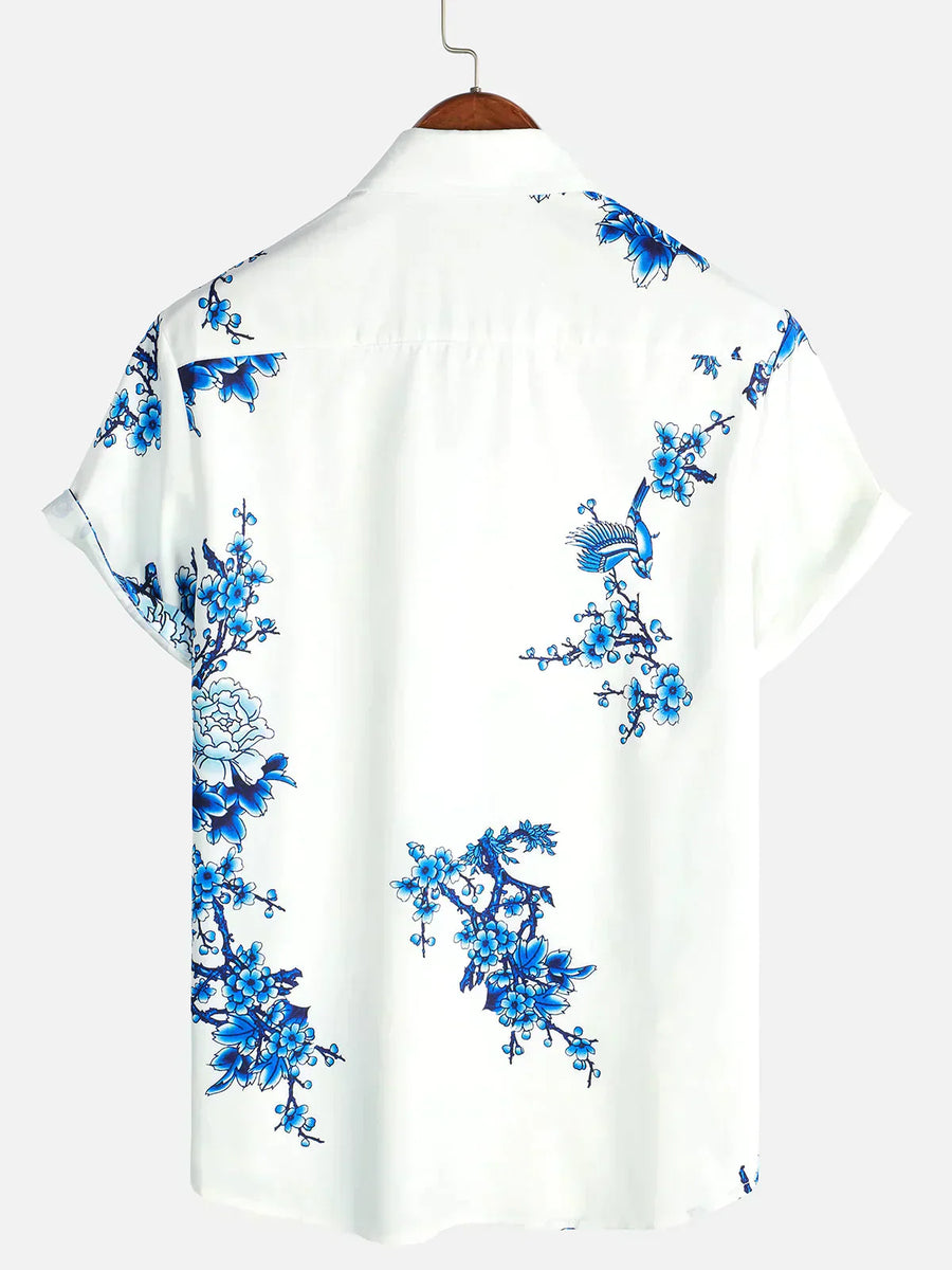 Jörg - Kurze Ärmel Weiß Floral bedrucktes Sommerhemd