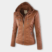 Damen Biker-Jacke aus Kunstleder – Stylische Jacke mit Kapuze und Reißverschlüssen, ideal für Herbst und Frühjahr