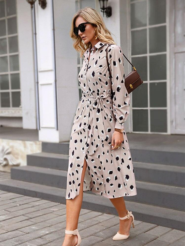 Kleid mit Leopardenmuster Damen | Elegantes Hemdblusenkleid & Taillengürtel