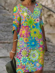 Kleid mit Blumendruck und V-Ausschnitt | Damen Frühlingskleid