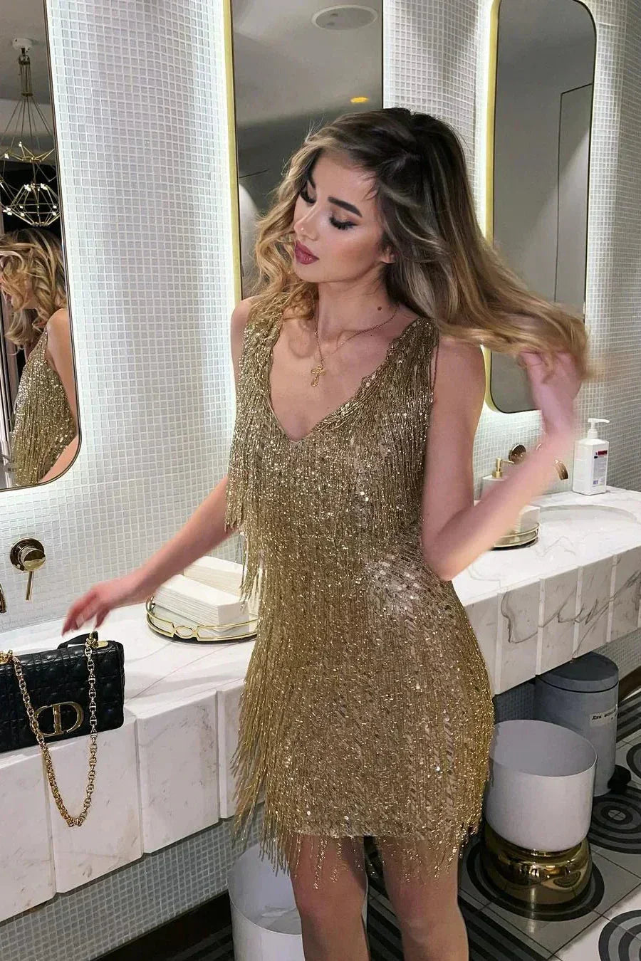 Kurzes Paillettenkleid Damen mit Fransen | Abendkleid