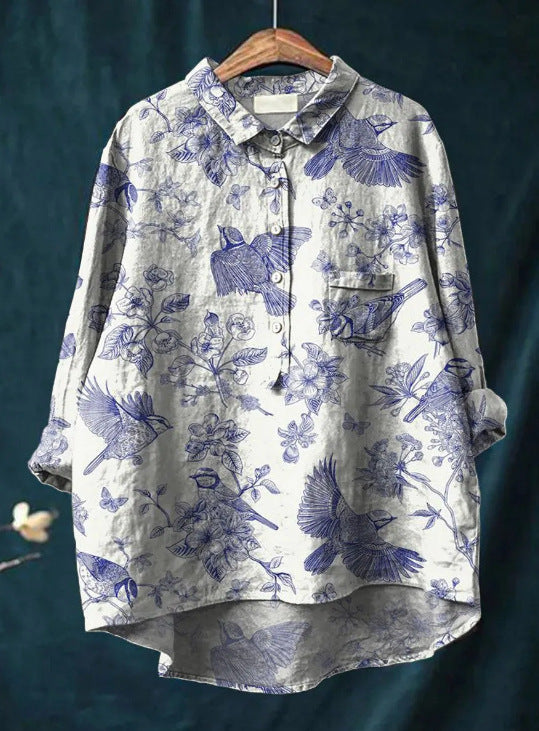 Elena | Damenbluse leicht aus Baumwolle und Leinen mit Print