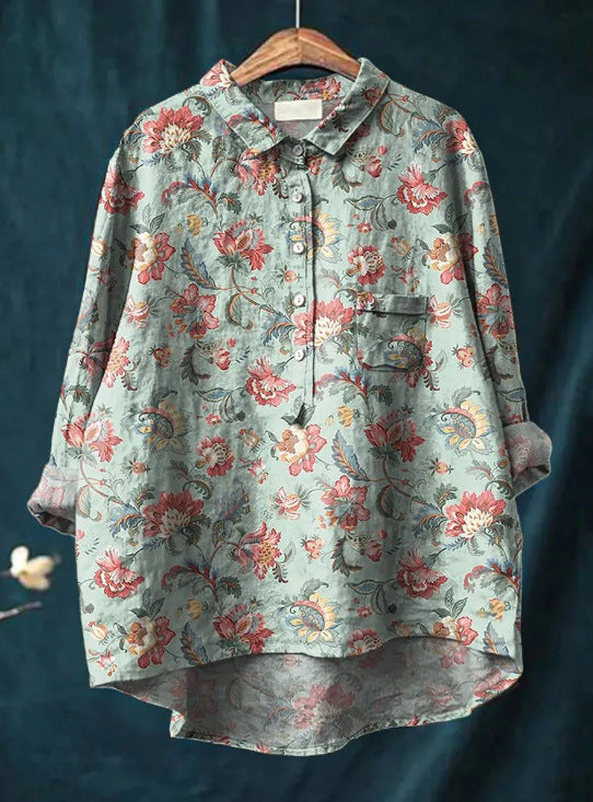 Elena | Damenbluse leicht aus Baumwolle und Leinen mit Print