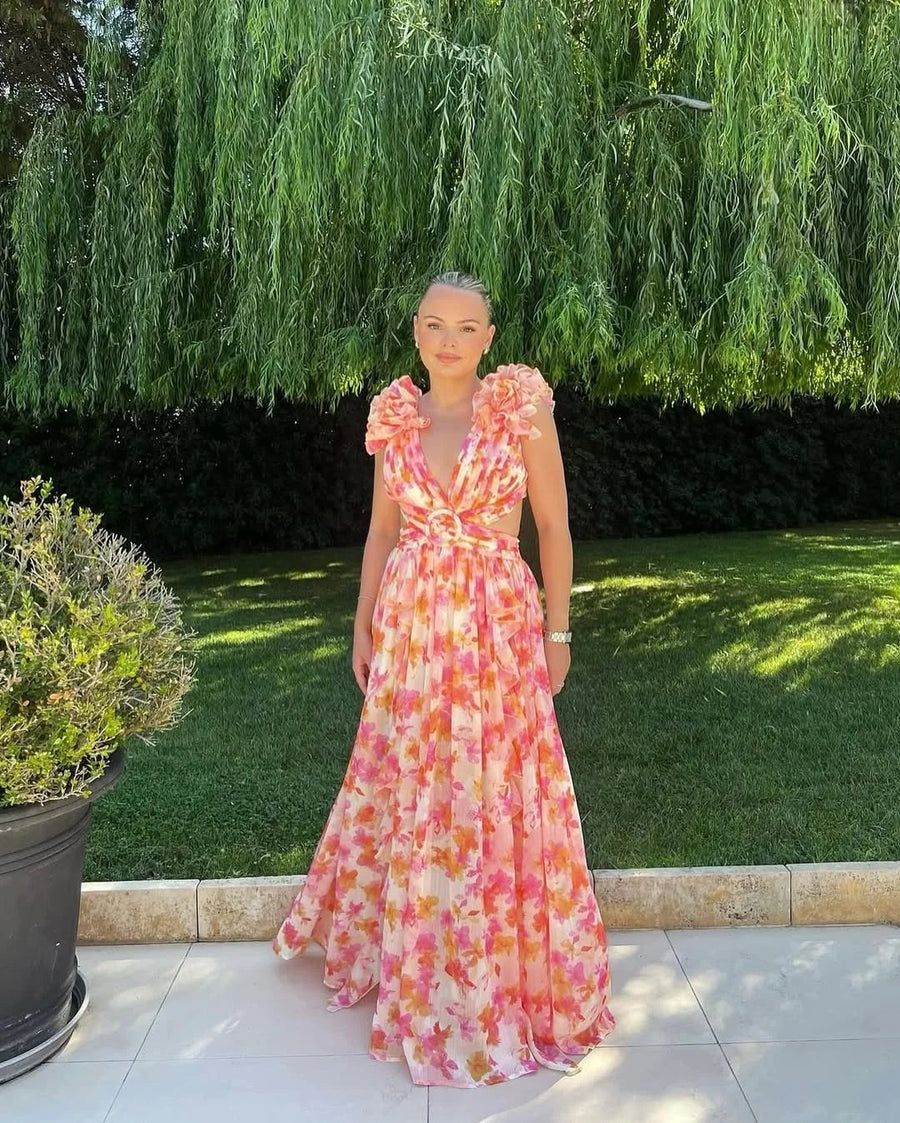 Langes ärmelloses Blumenkleid Damen Sommerkleid