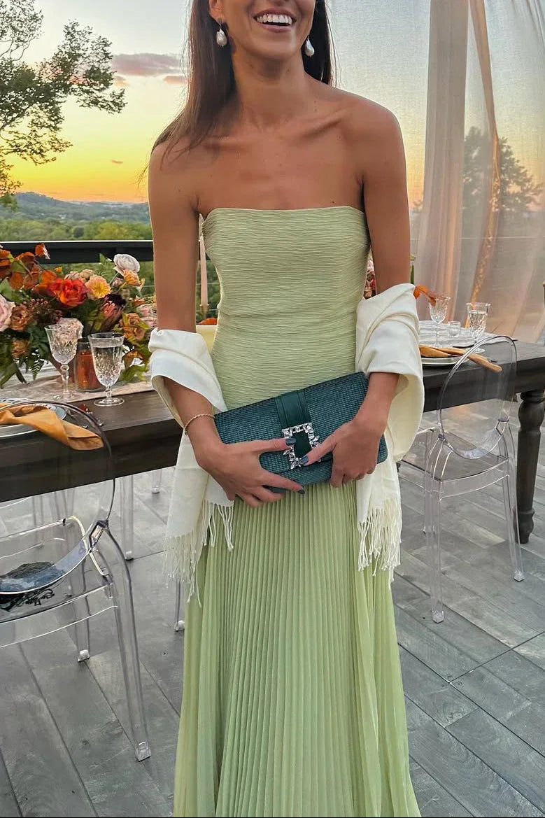 Langes grünes Faltenkleid Damen | Elegantes Abendkleid