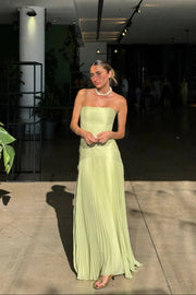 Langes grünes Faltenkleid Damen | Elegantes Abendkleid
