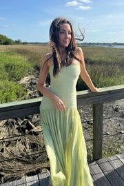 Langes grünes Faltenkleid Damen | Elegantes Abendkleid