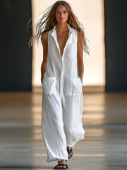 Tuta retrò casual bianca | Tuta smanicata in lino donna