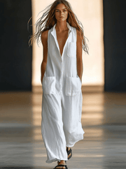 Tuta retrò casual bianca | Tuta smanicata in lino donna