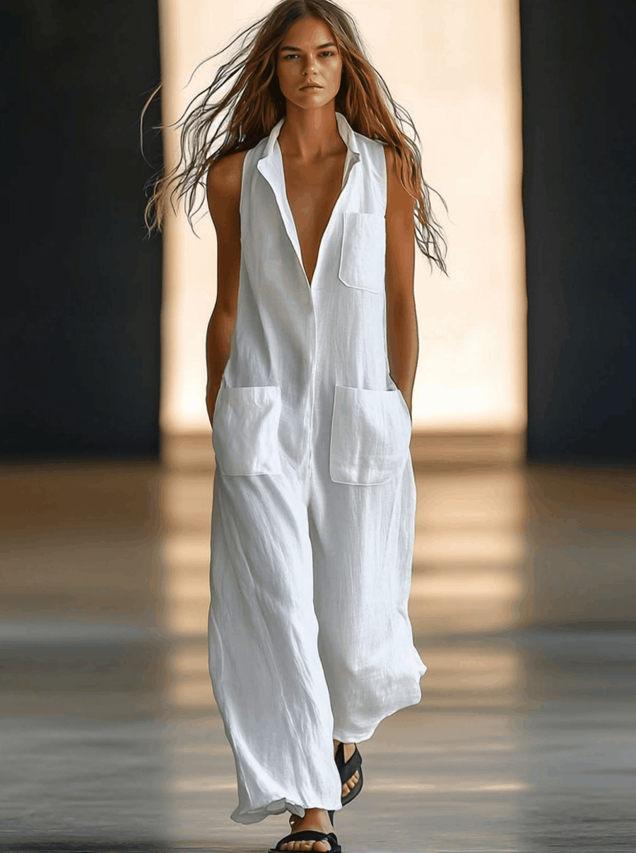 Tuta retrò casual bianca | Tuta smanicata in lino donna