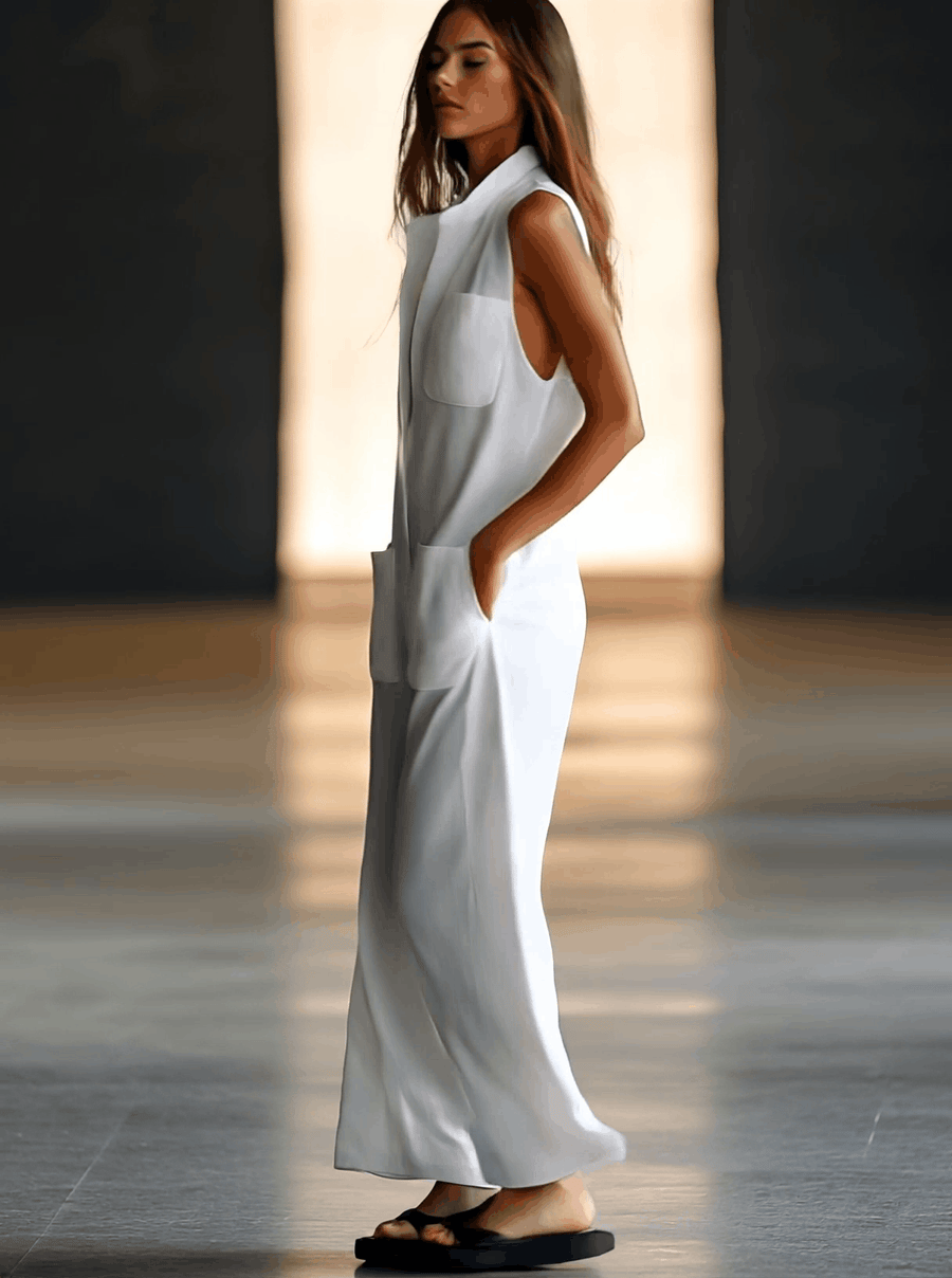 Tuta retrò casual bianca | Tuta smanicata in lino donna