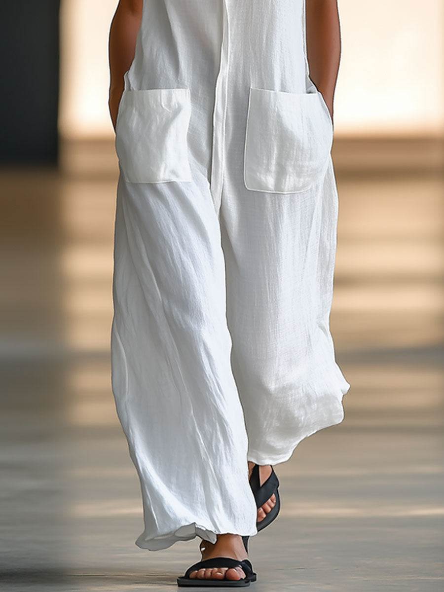 Tuta retrò casual bianca | Tuta smanicata in lino donna