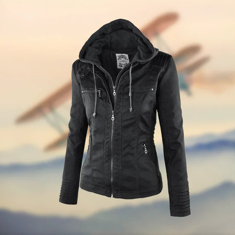 Lederjacke Damen | Abnehmbare Kapuze & Taillierter Zip-Schnitt