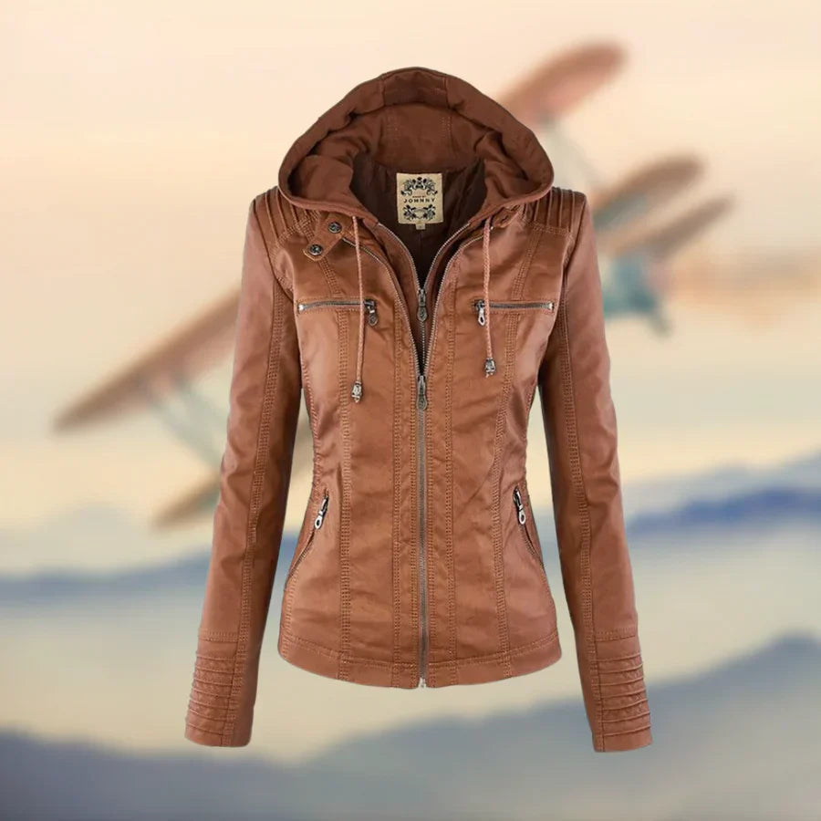 Lederjacke Damen | Abnehmbare Kapuze & Taillierter Zip-Schnitt