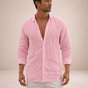Camicia da uomo in lino regular fit colletto aperto manica lunga
